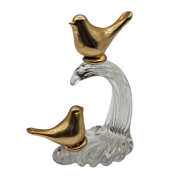 MCM Home Decor Accent - Vintage Brass Birds on Clear Art Glass Wave - Picture 4 of 7